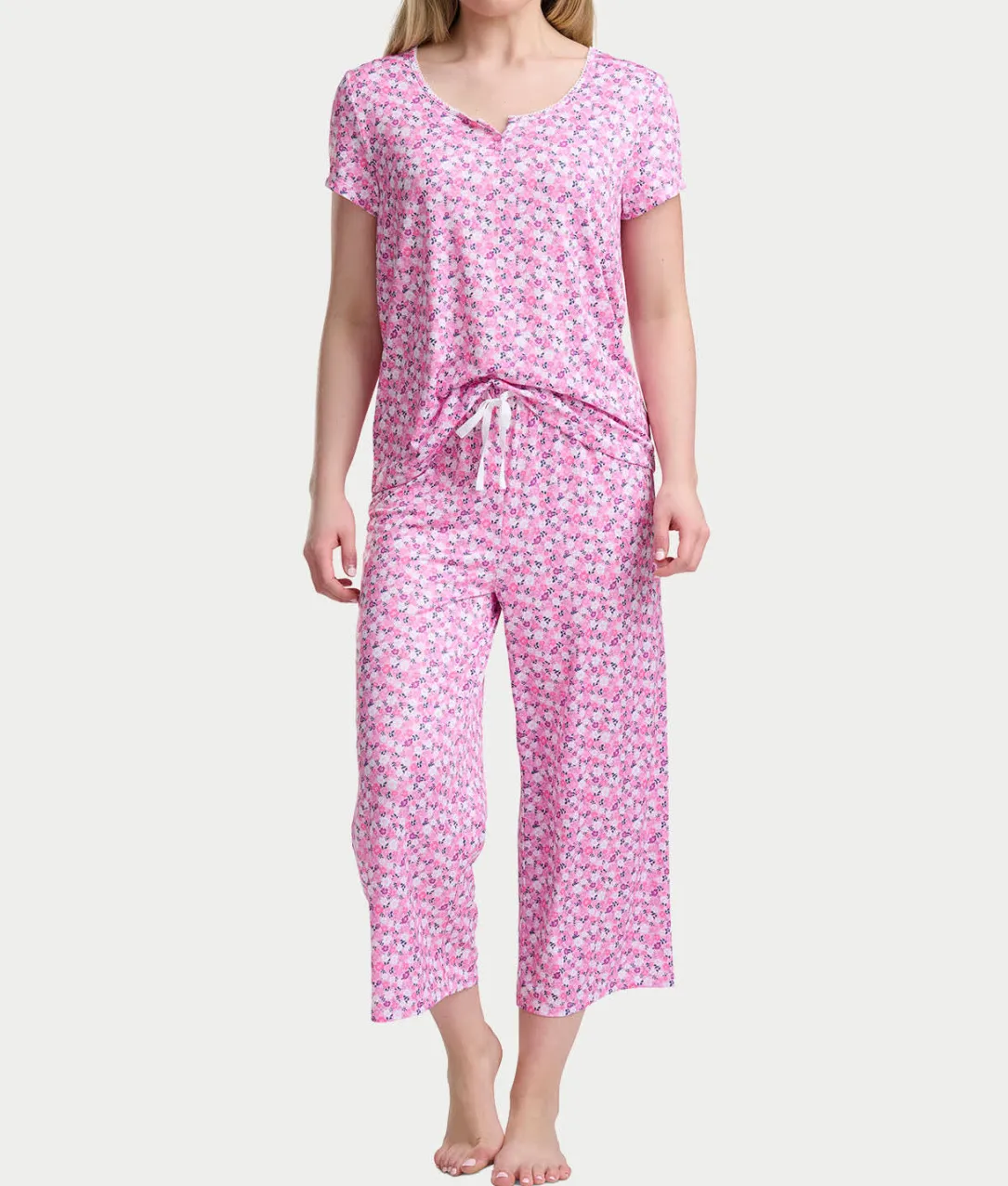 KN Cool Short Sleeve Henley Knit Cropped Pajama Set
