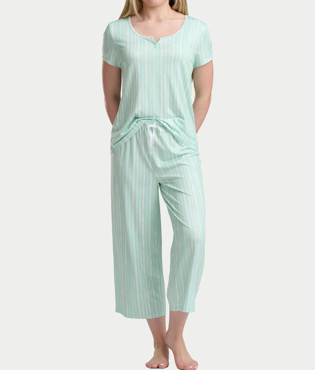 KN Cool Short Sleeve Henley Knit Cropped Pajama Set