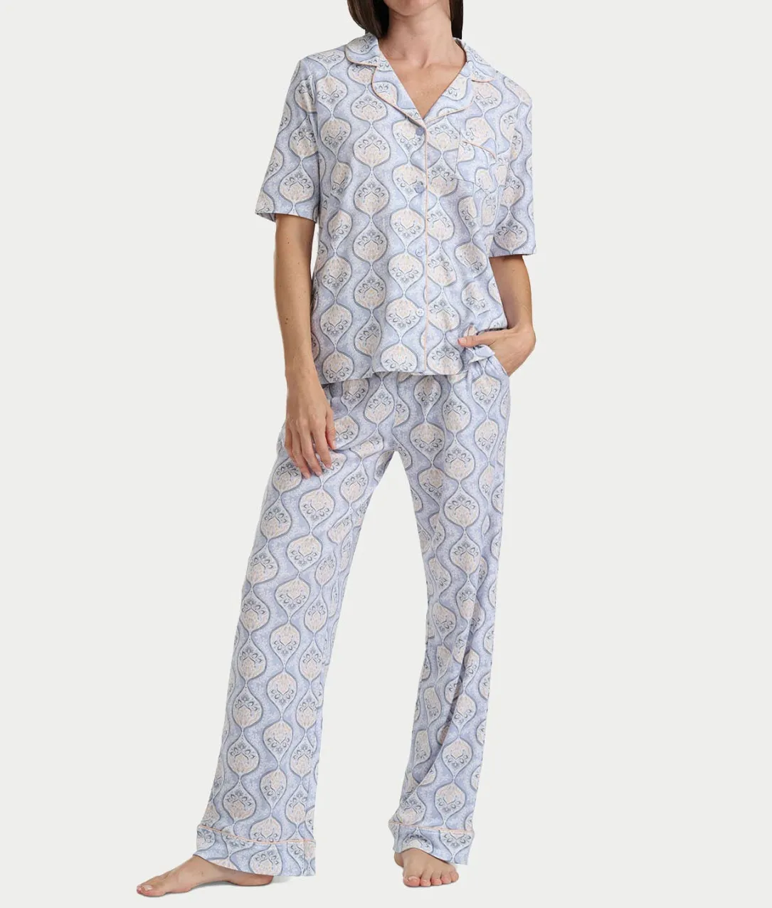 Notch Collar Elbow Sleeve Pajama Set