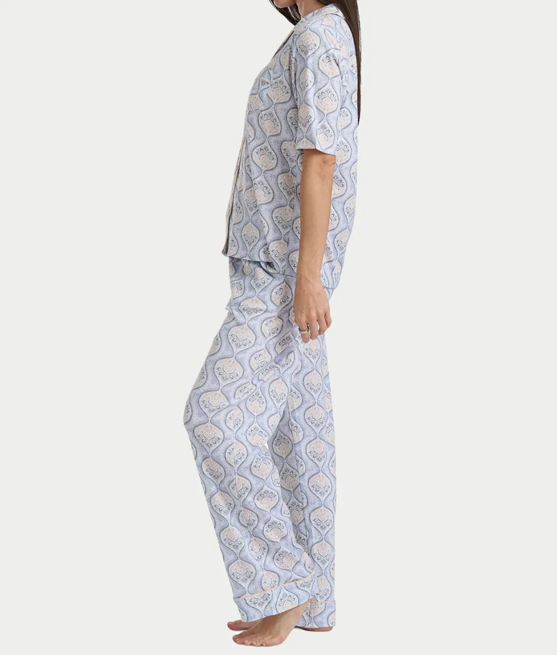 Notch Collar Elbow Sleeve Pajama Set