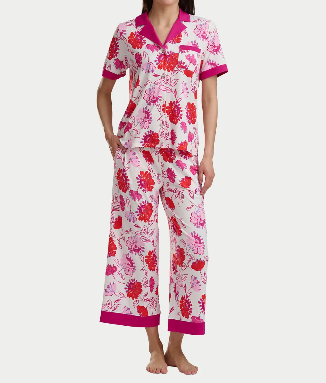 Notch Collar Knit Cropped Pajama Set