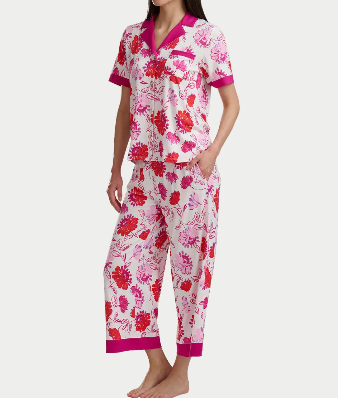 Notch Collar Knit Cropped Pajama Set