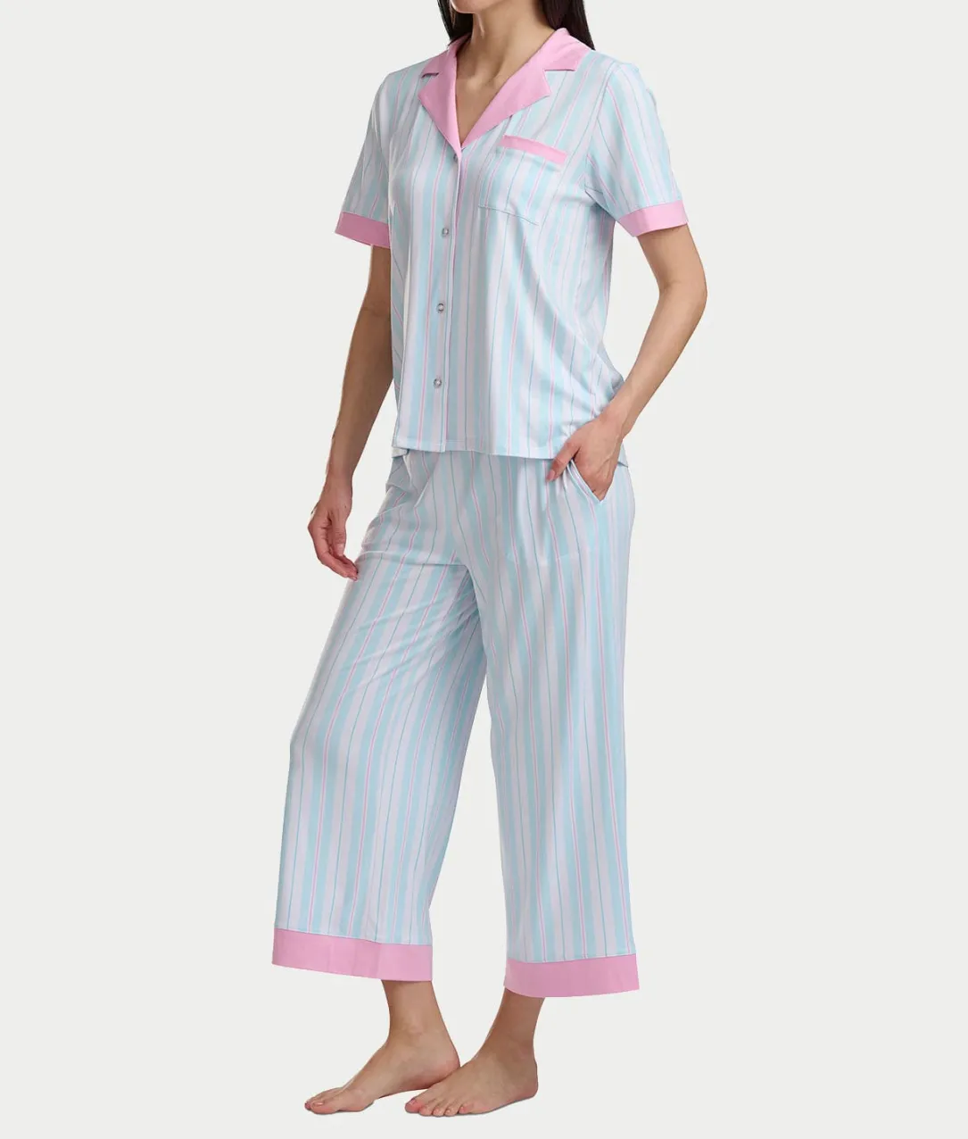 Notch Collar Knit Cropped Pajama Set