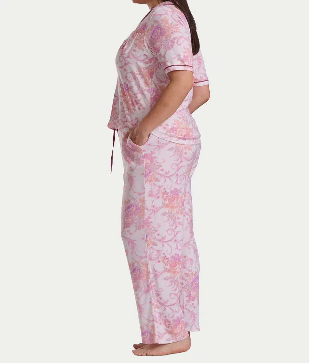 Plus Size Romantic Fields Notch Collar Pajama Set with Lace