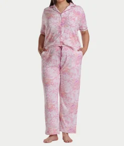 Plus Size Romantic Fields Notch Collar Pajama Set with Lace