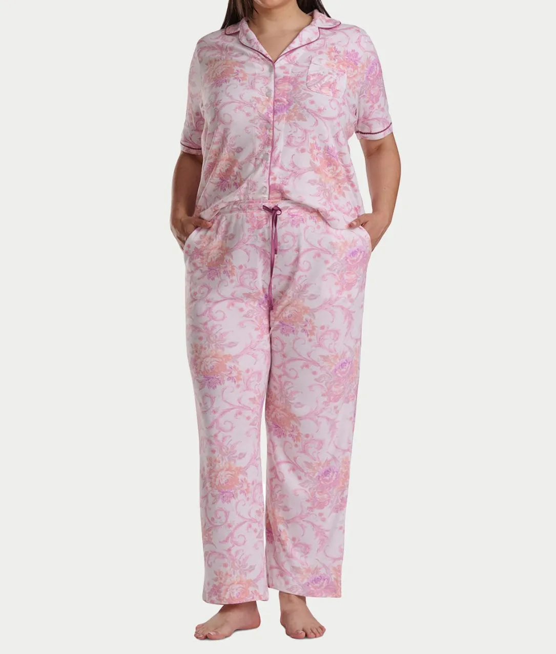 Plus Size Romantic Fields Notch Collar Pajama Set with Lace