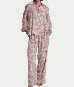 Woven 3/4 Sleeve Button-Down Top and Long Pant Set