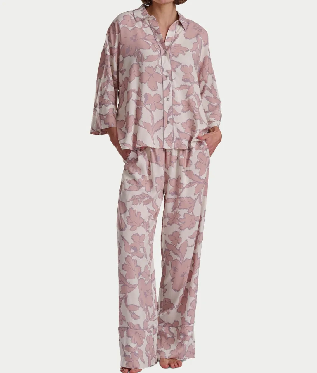 Woven 3/4 Sleeve Button-Down Top and Long Pant Set