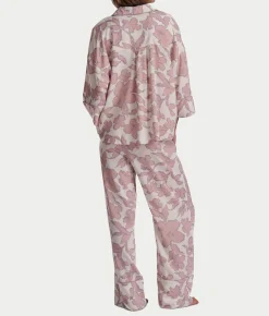 Woven 3/4 Sleeve Button-Down Top and Long Pant Set